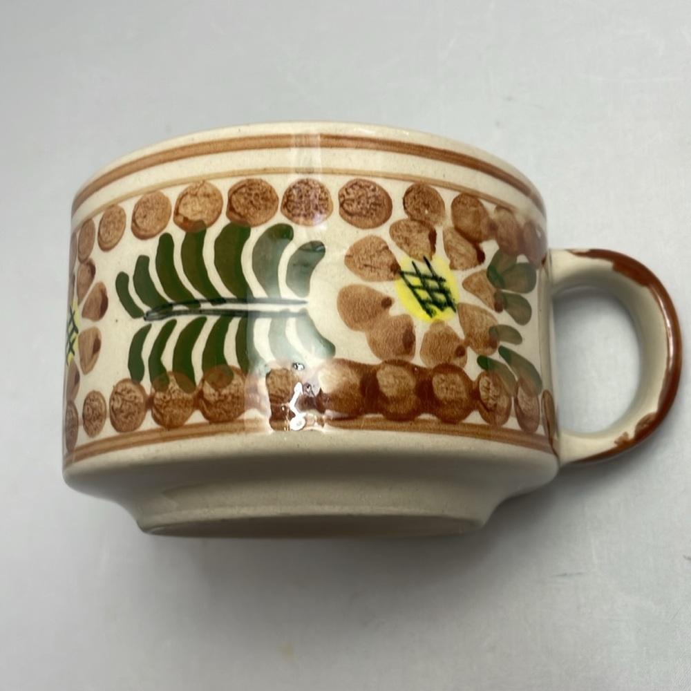 Retro Hand‎ Painted Mug or Soup Bowl Floral Ceramic Green Brown Handle
